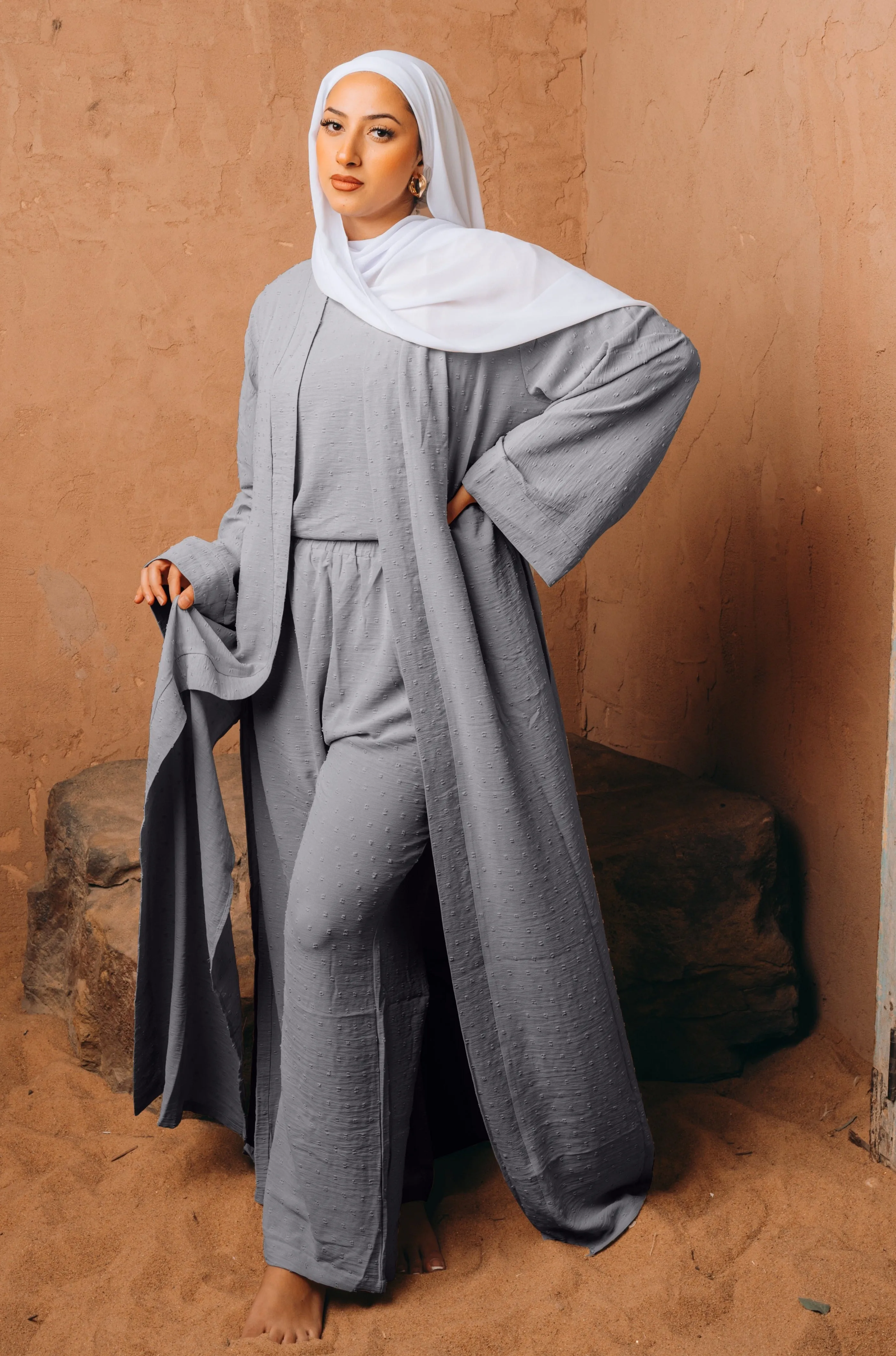 Gray Four Piece Pants Abaya Set