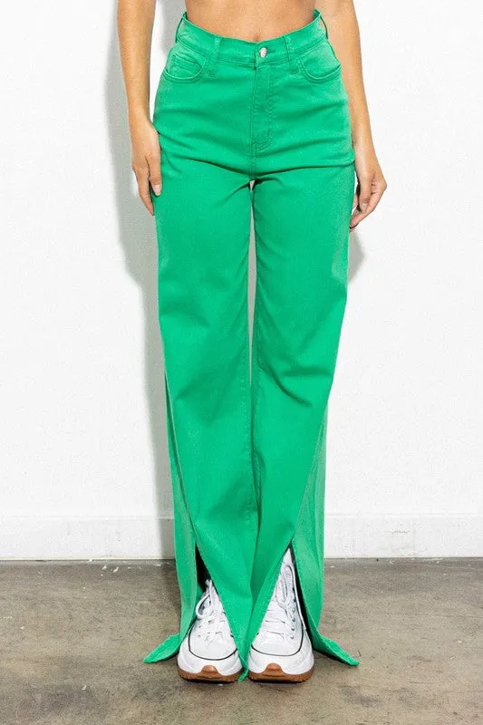 Green Front Slit Wide Leg Tencel Pants