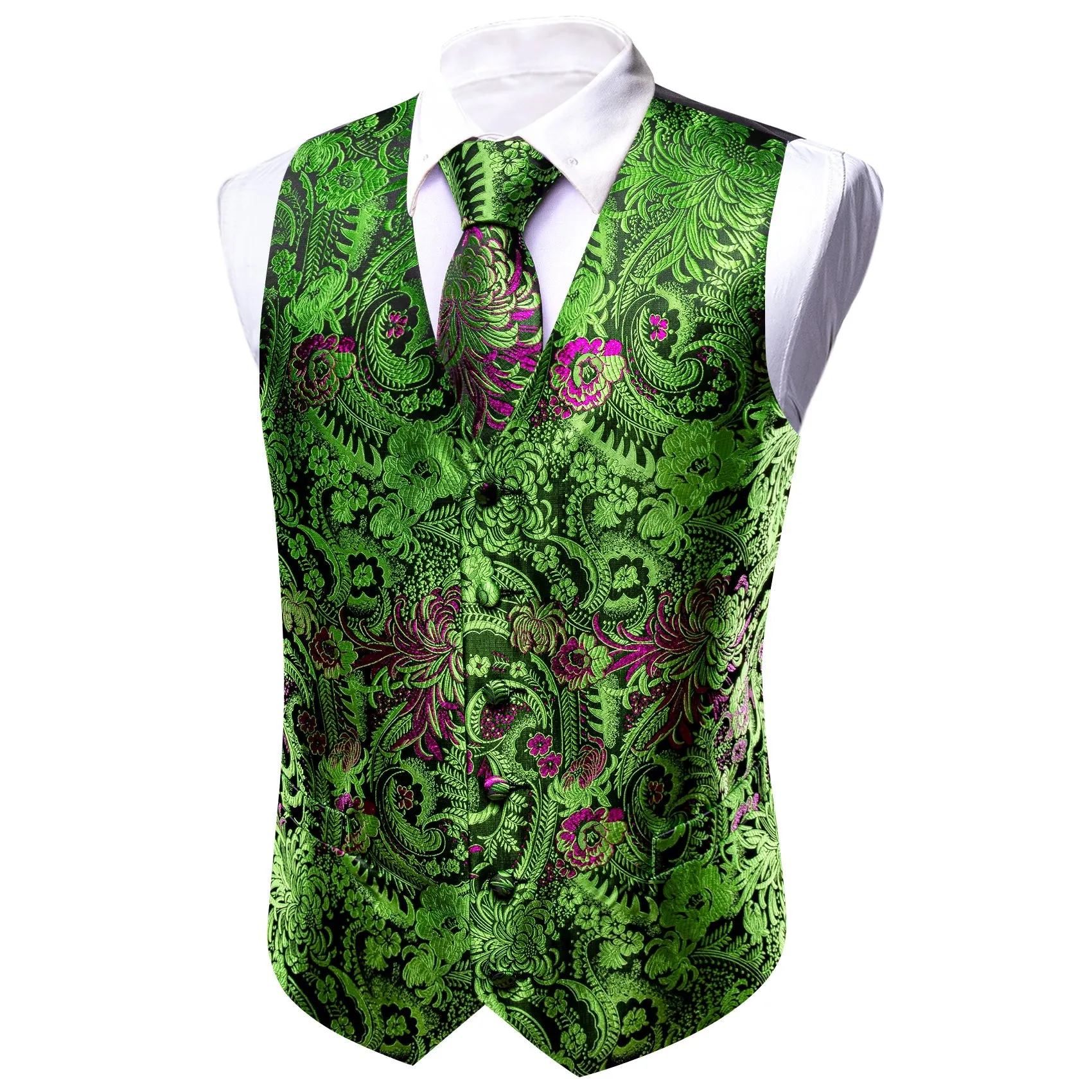 Green Purple Floral Silk Men's Vest Necktie Set Waistcoat Suit Set