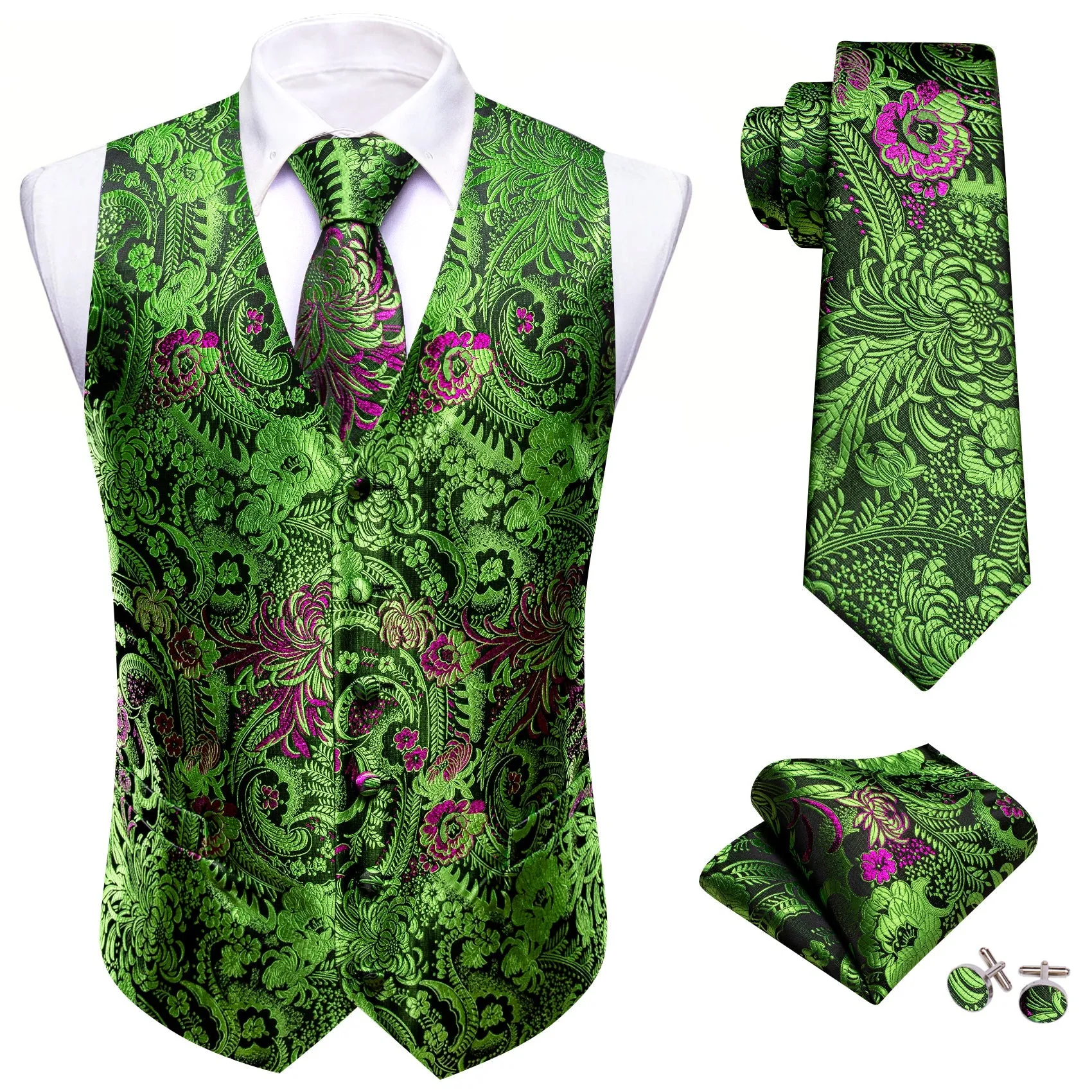 Green Purple Floral Silk Men's Vest Necktie Set Waistcoat Suit Set