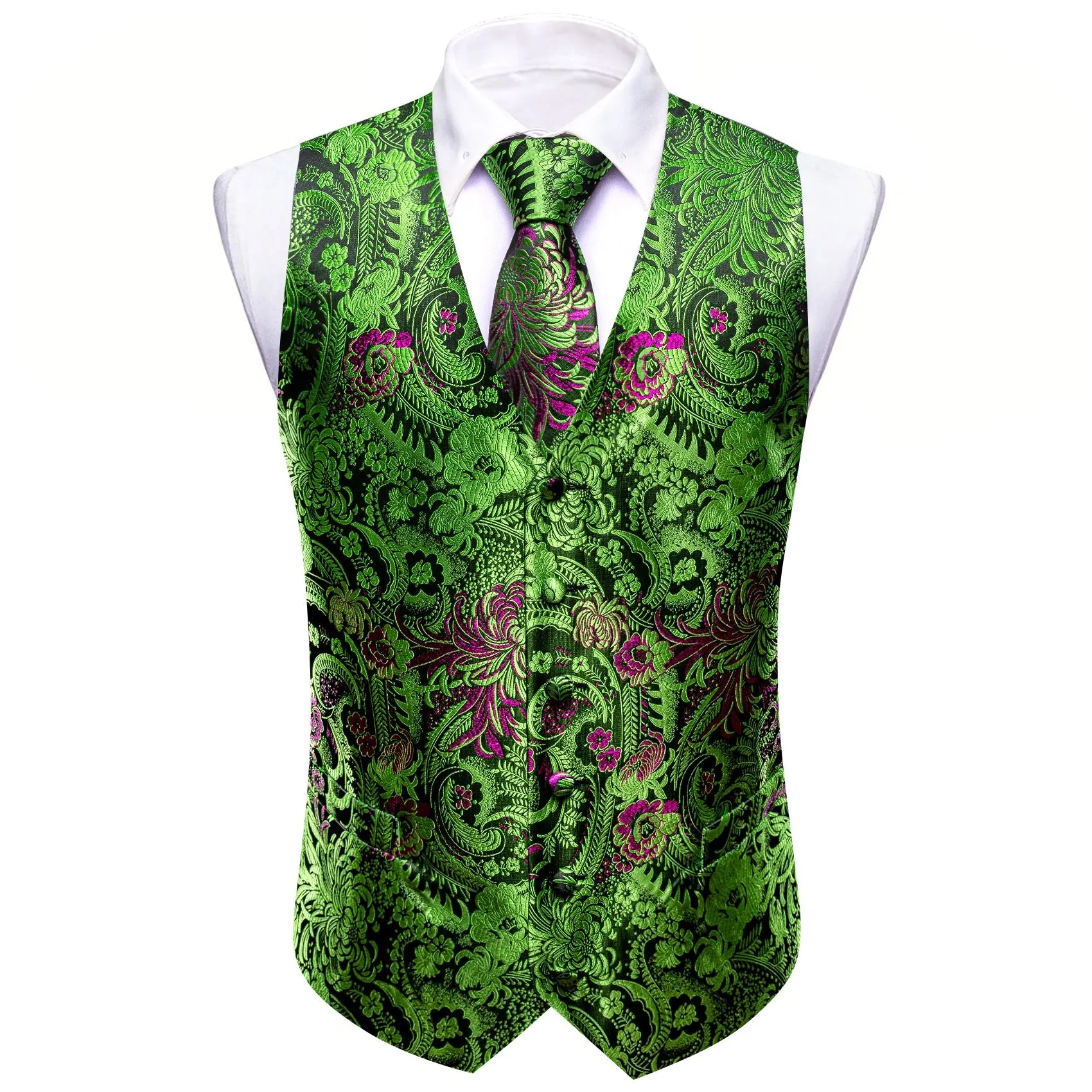 Green Purple Floral Silk Men's Vest Necktie Set Waistcoat Suit Set