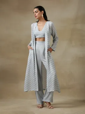 Grey Bandhani Printed Silk Overlay Jacket Blouse Pant Set