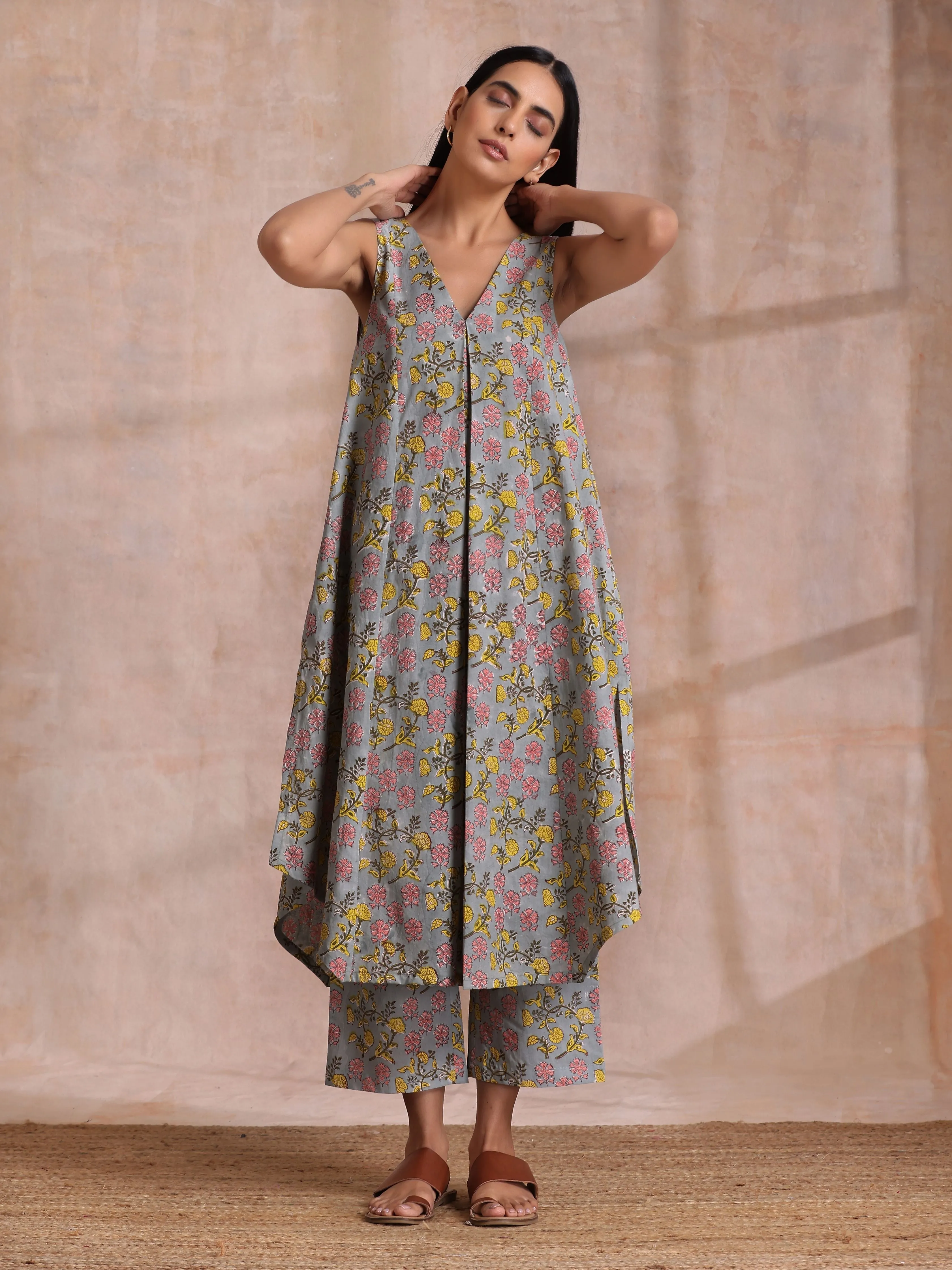 Grey Overall Floral Block Print Cotton Sleeveless Flared  Kurta Pant Set