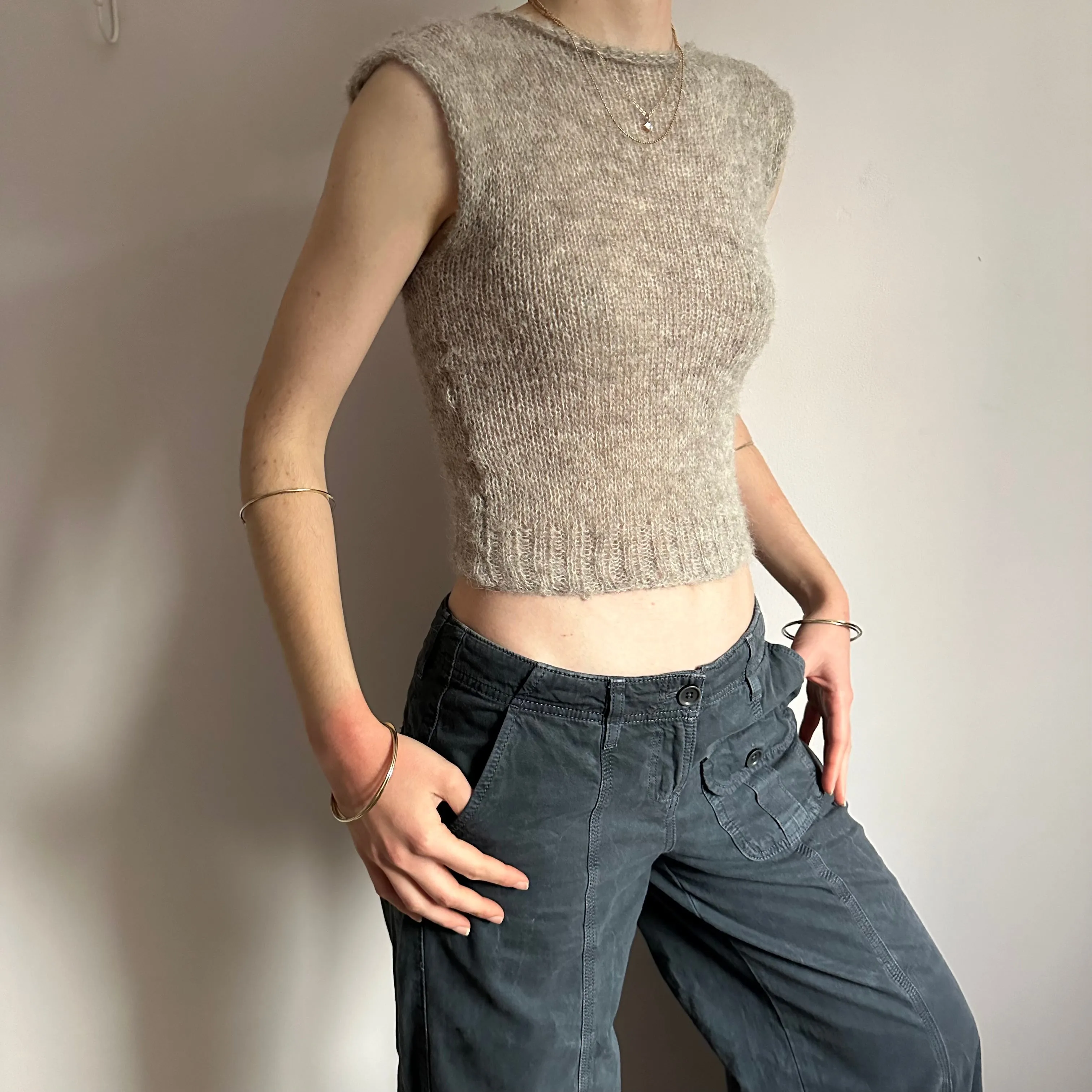 Handmade grey mohair ribbed knit vest