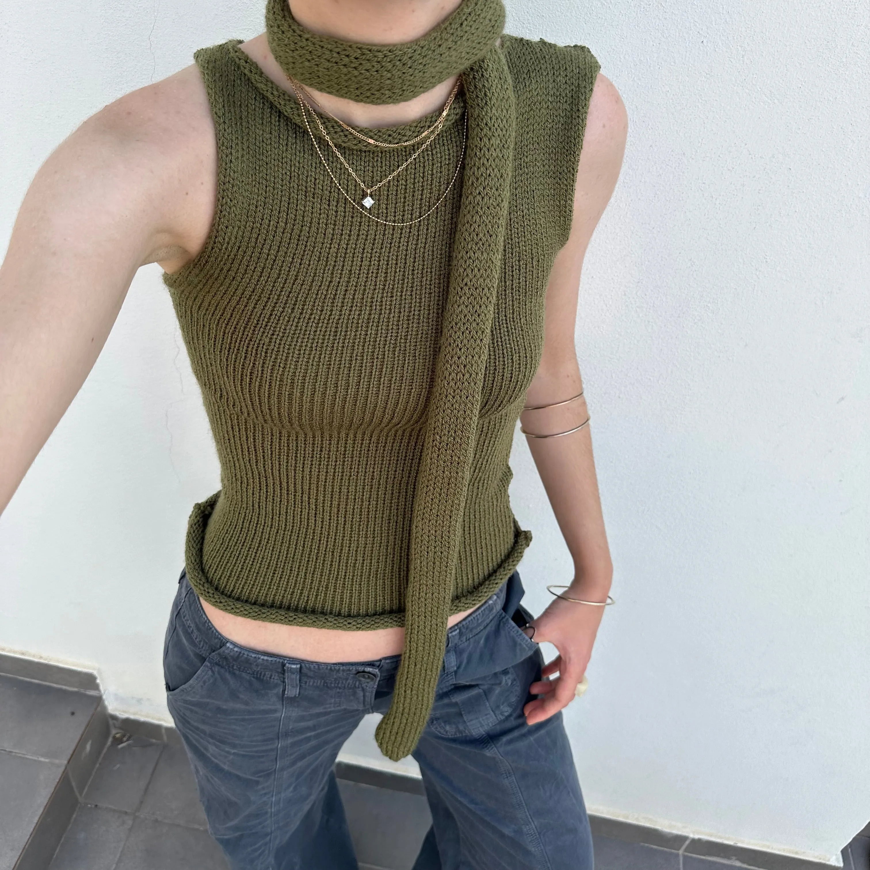 Handmade knitted skinny scarf in khaki green