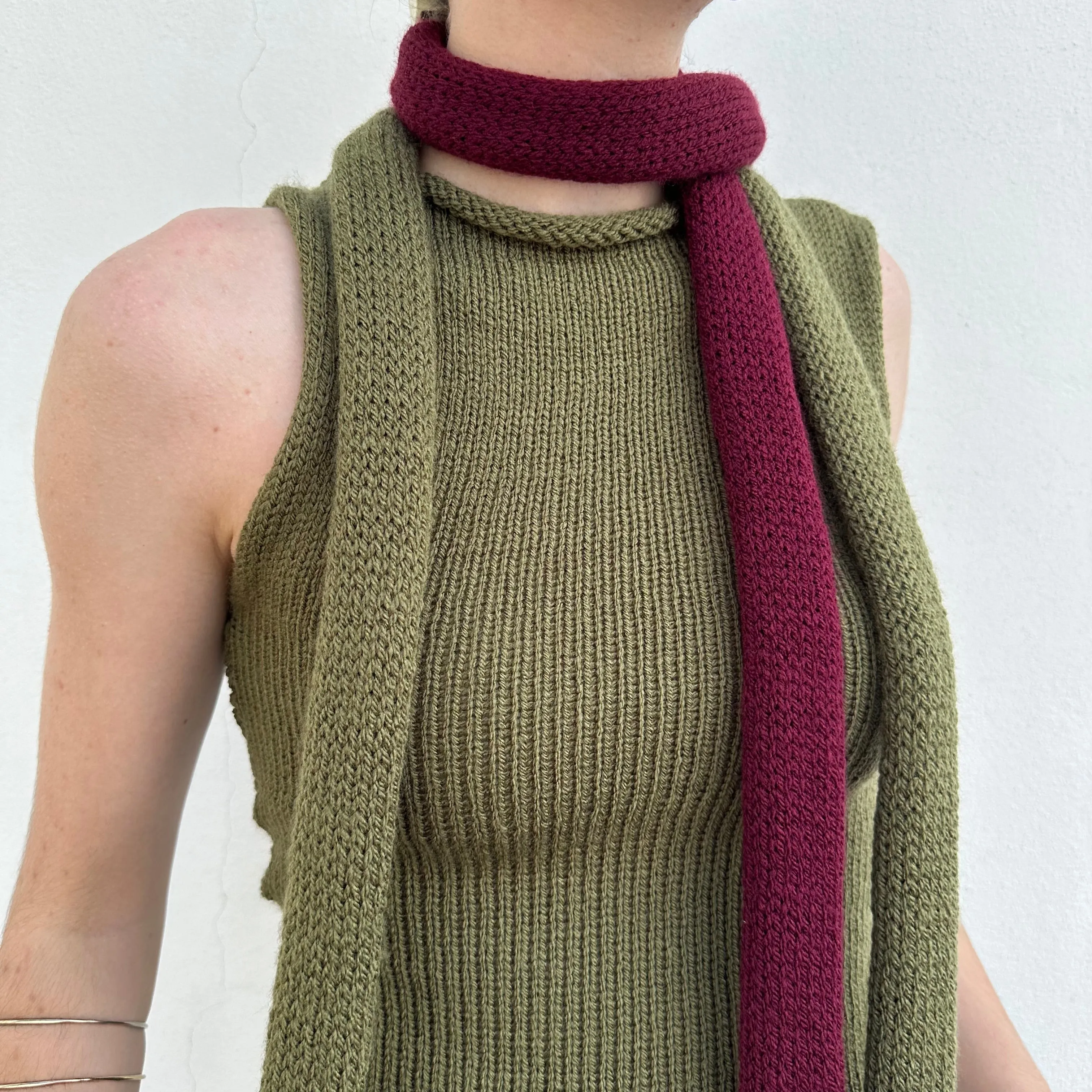 Handmade knitted skinny scarf in khaki green