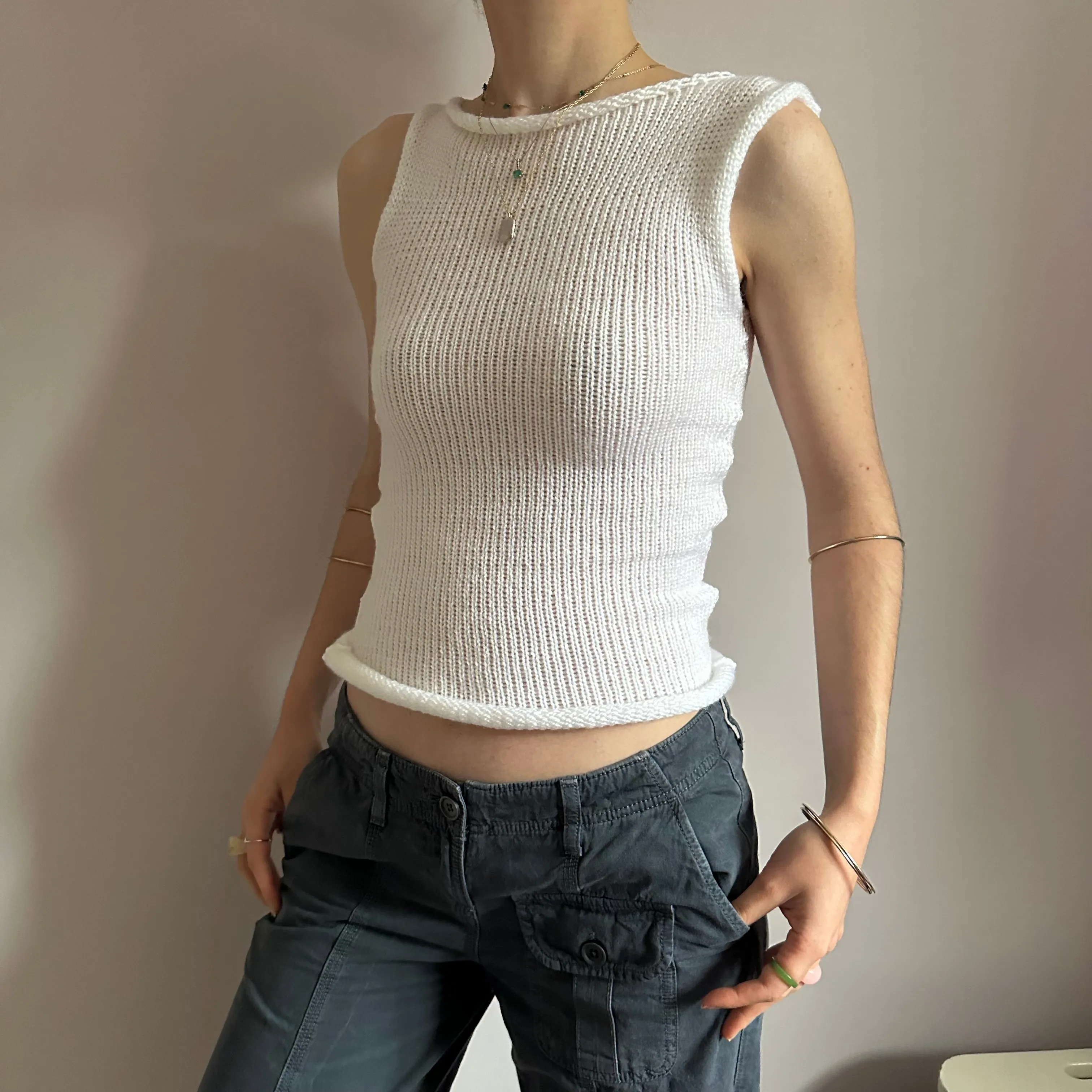 Handmade white off the shoulder knit vest