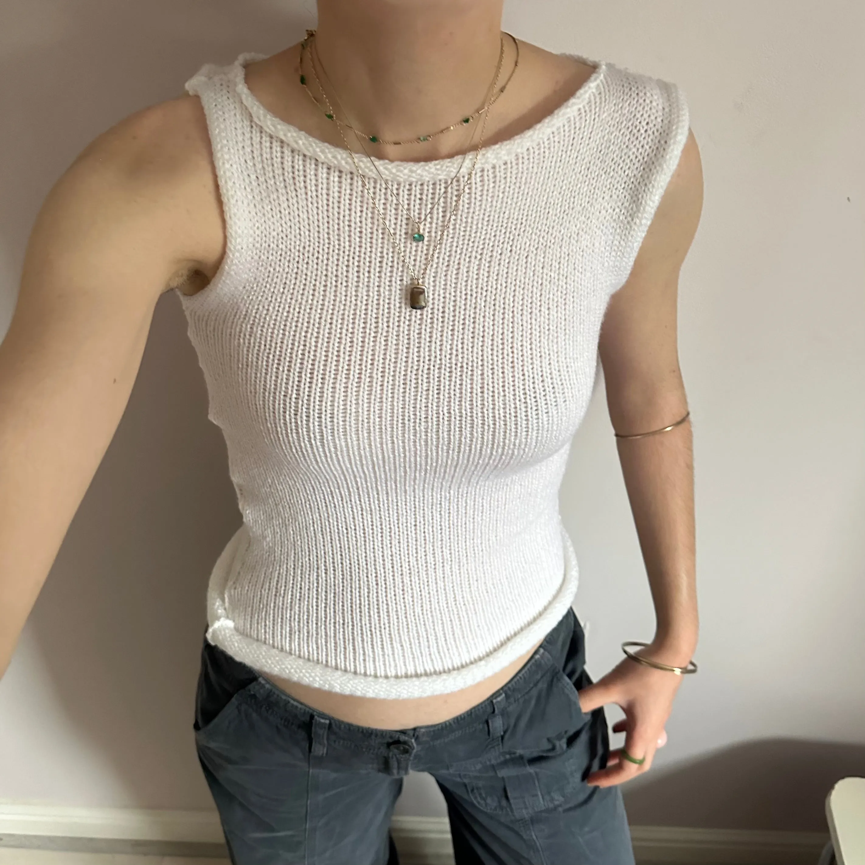 Handmade white off the shoulder knit vest