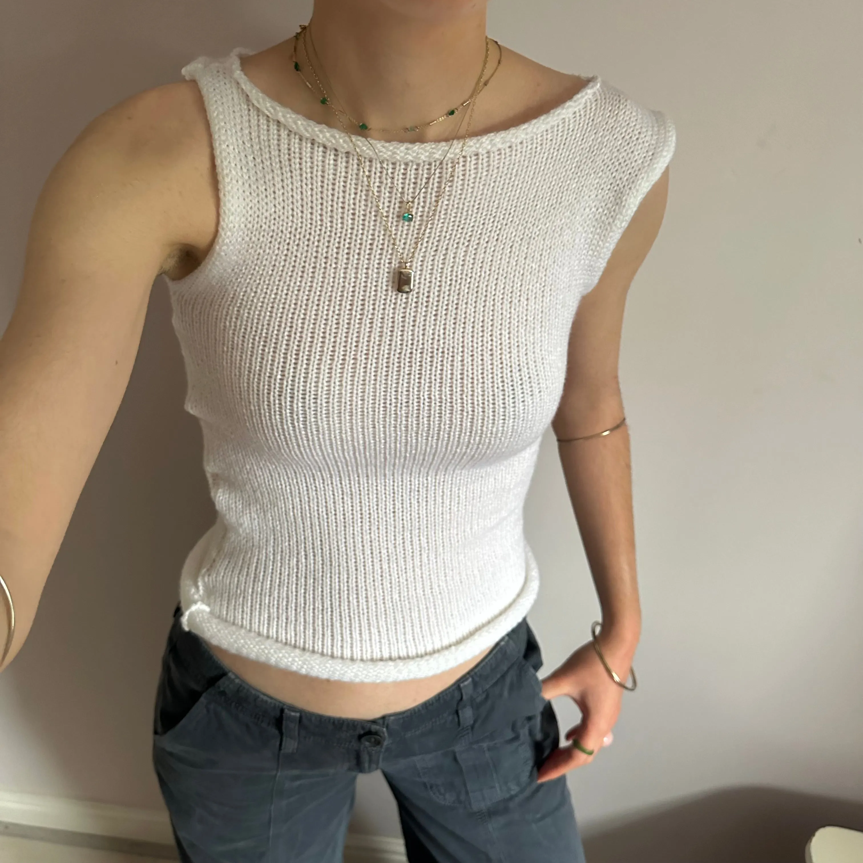 Handmade white off the shoulder knit vest