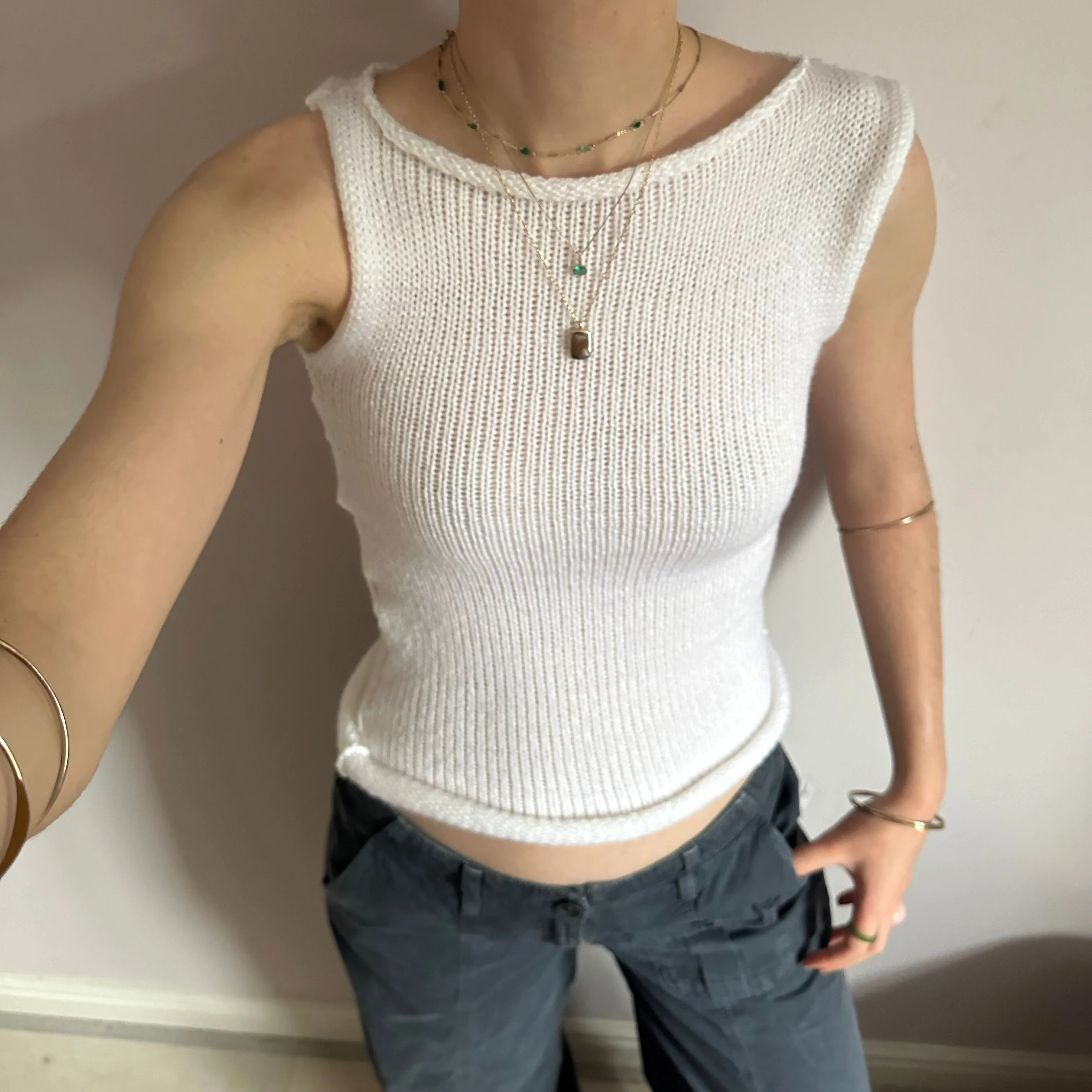 Handmade white off the shoulder knit vest