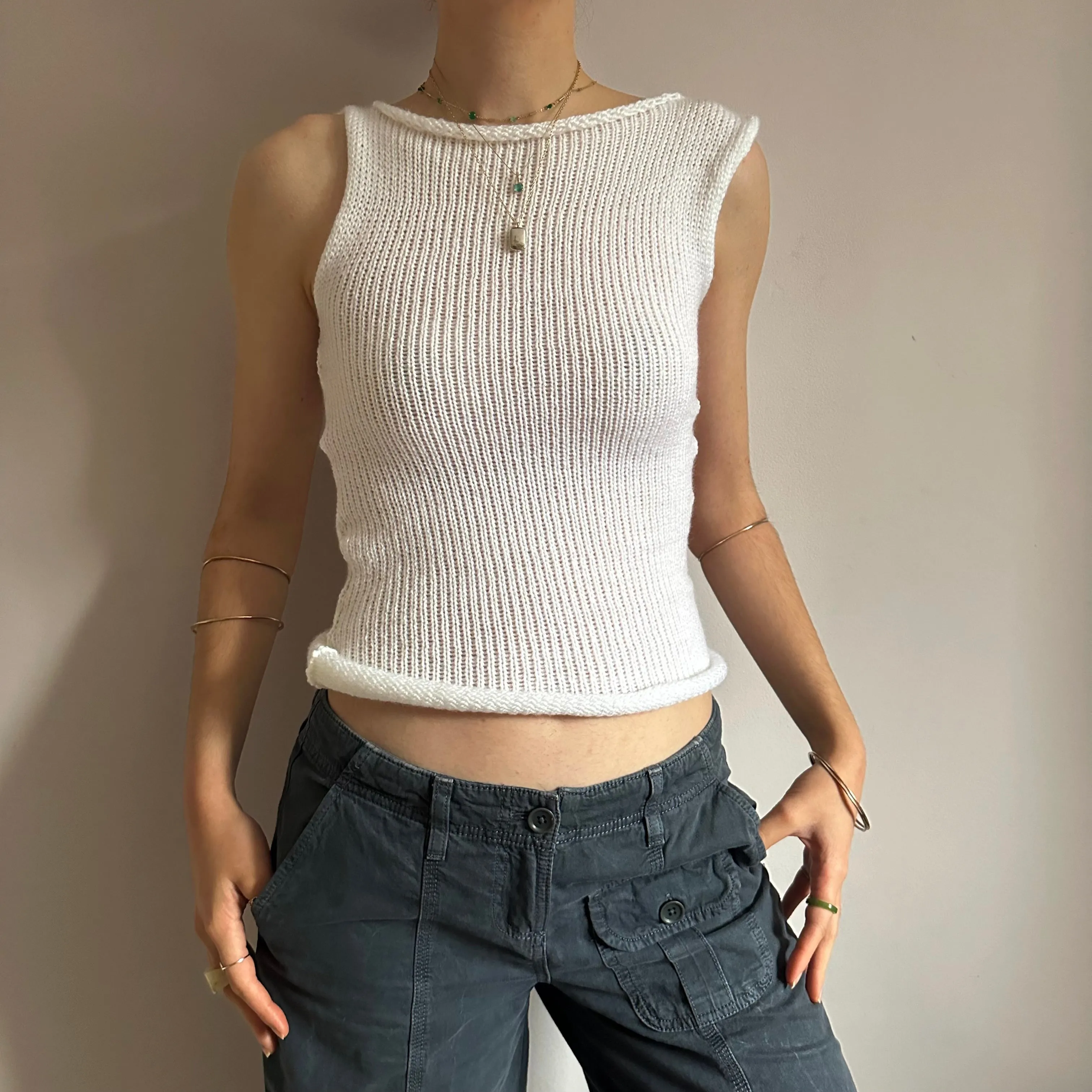 Handmade white off the shoulder knit vest