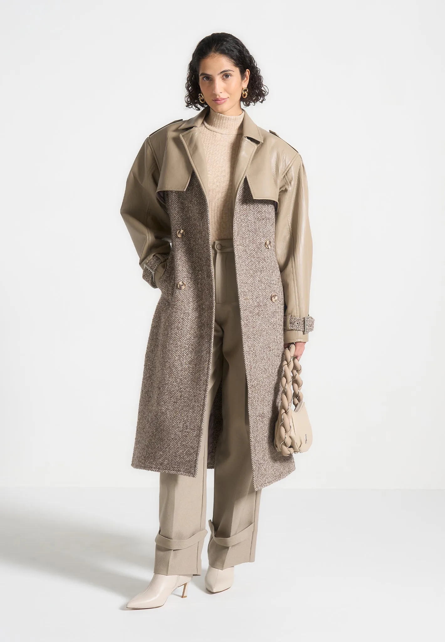 Herringbone Wool & Leather Trench Coat - Taupe