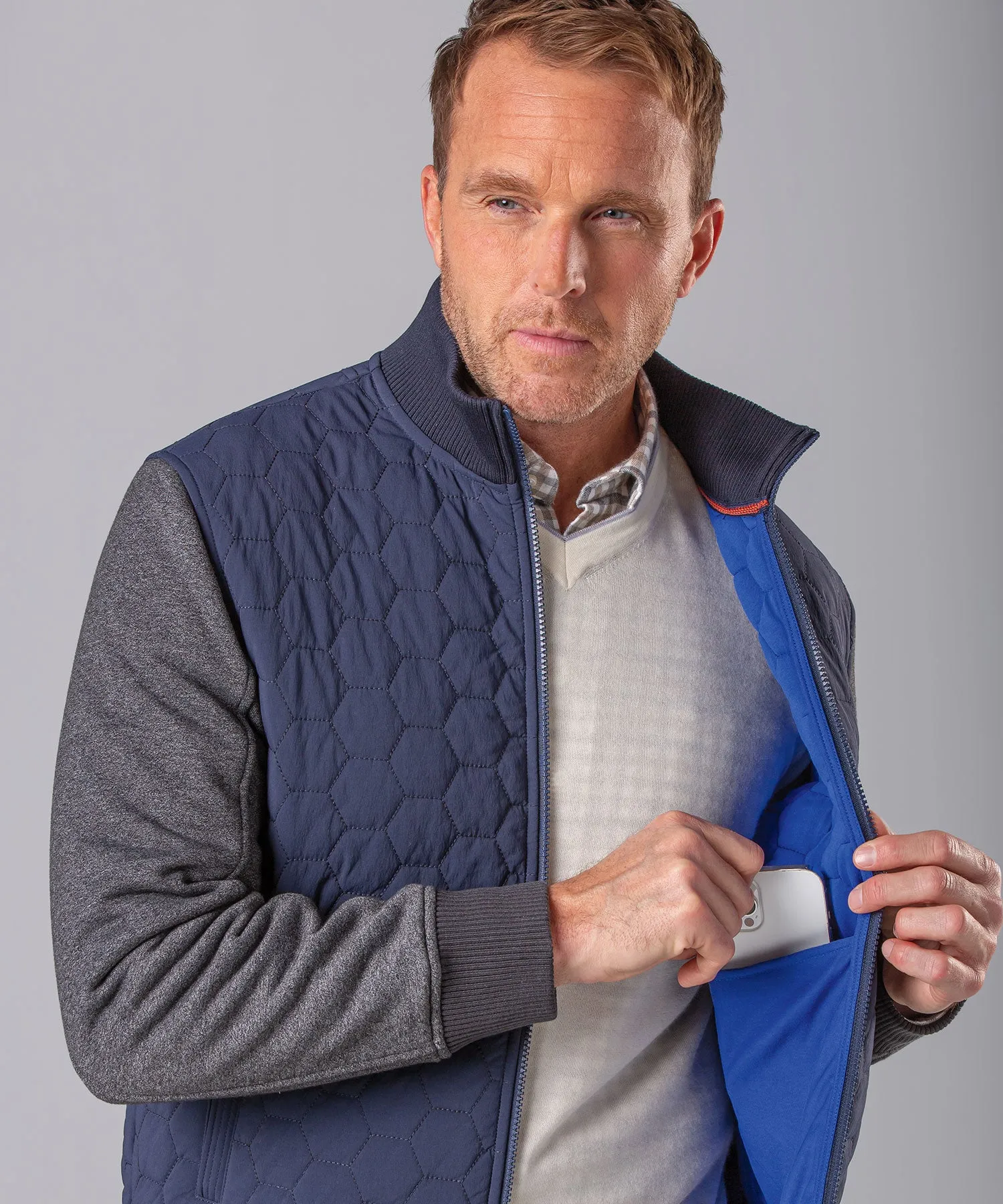 Hexagon-Quilted Full-Zip Bomber Jacket