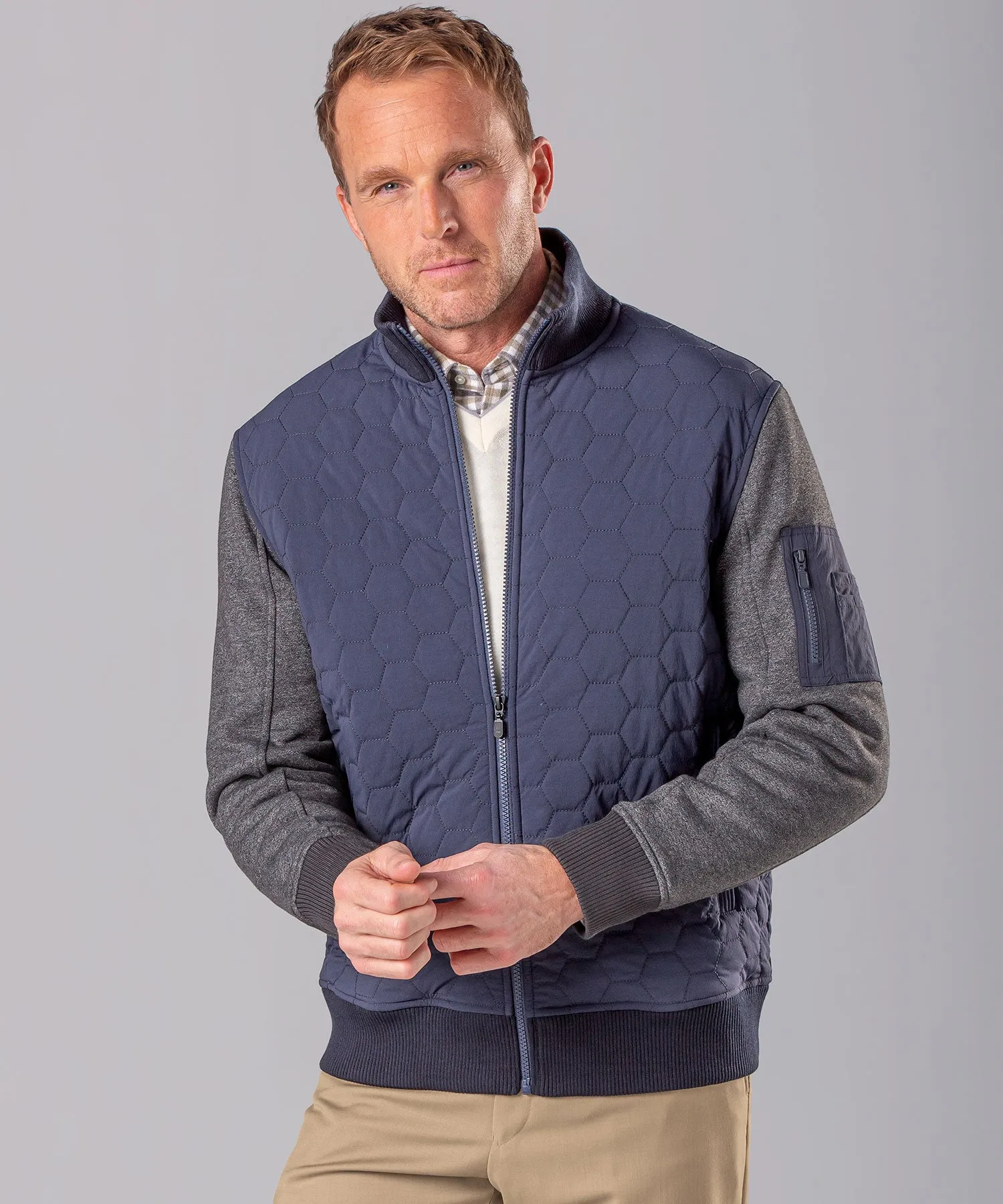 Hexagon-Quilted Full-Zip Bomber Jacket