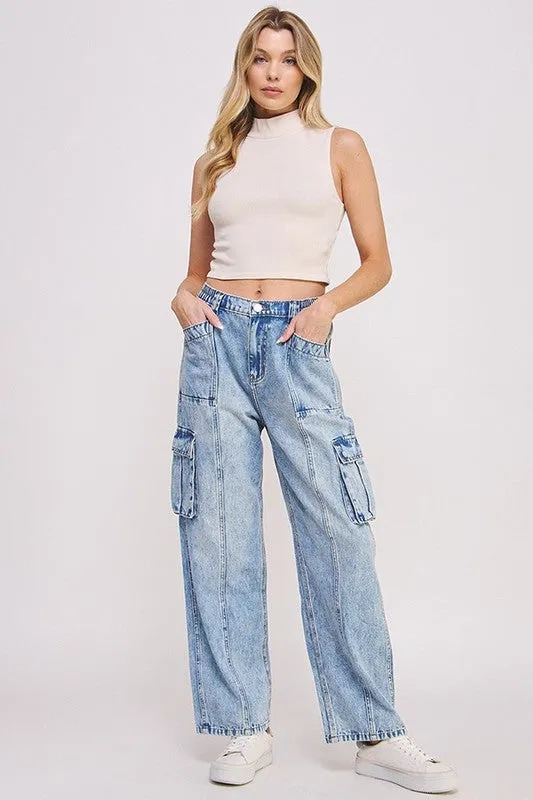 HIGH WAIST BAGGY DENIM CARGO ANKLE LENGTH TROUSERS