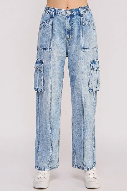 HIGH WAIST BAGGY DENIM CARGO ANKLE LENGTH TROUSERS