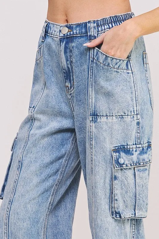 HIGH WAIST BAGGY DENIM CARGO ANKLE LENGTH TROUSERS