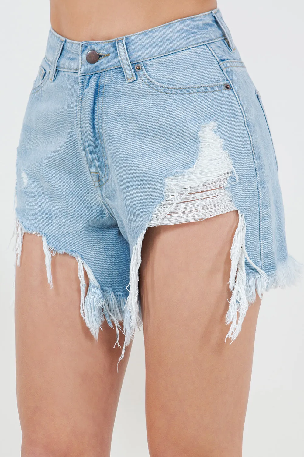 High Waist Fringed Hem Denim Shorts