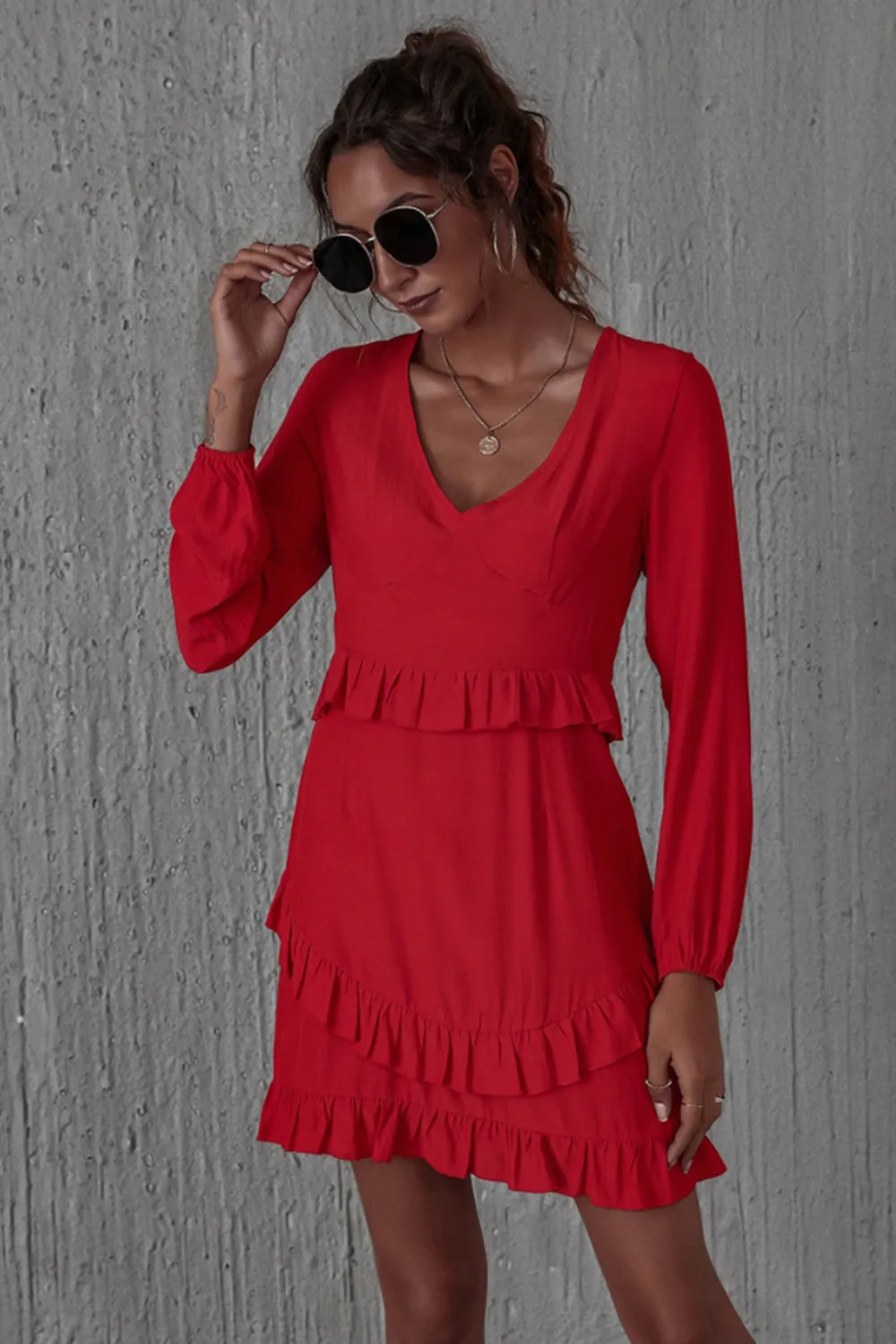 High Waist Ruffled Long Sleeve Dress