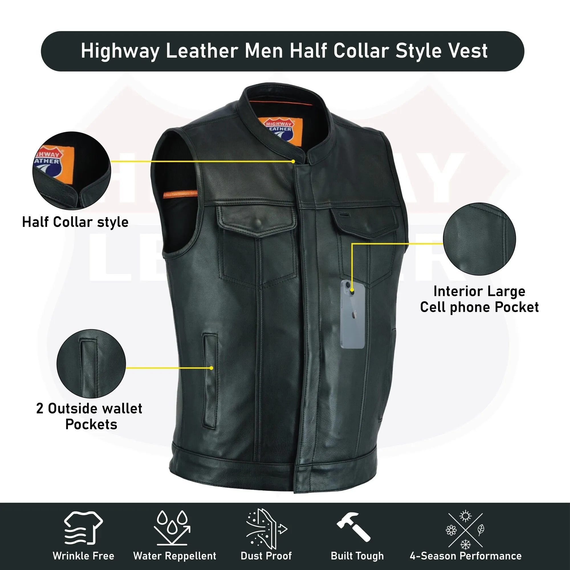 HL11689NKD Naked Black Outlaw Leather Club Vest Zipper/Snap Inside Gun Pockets NKD BLK