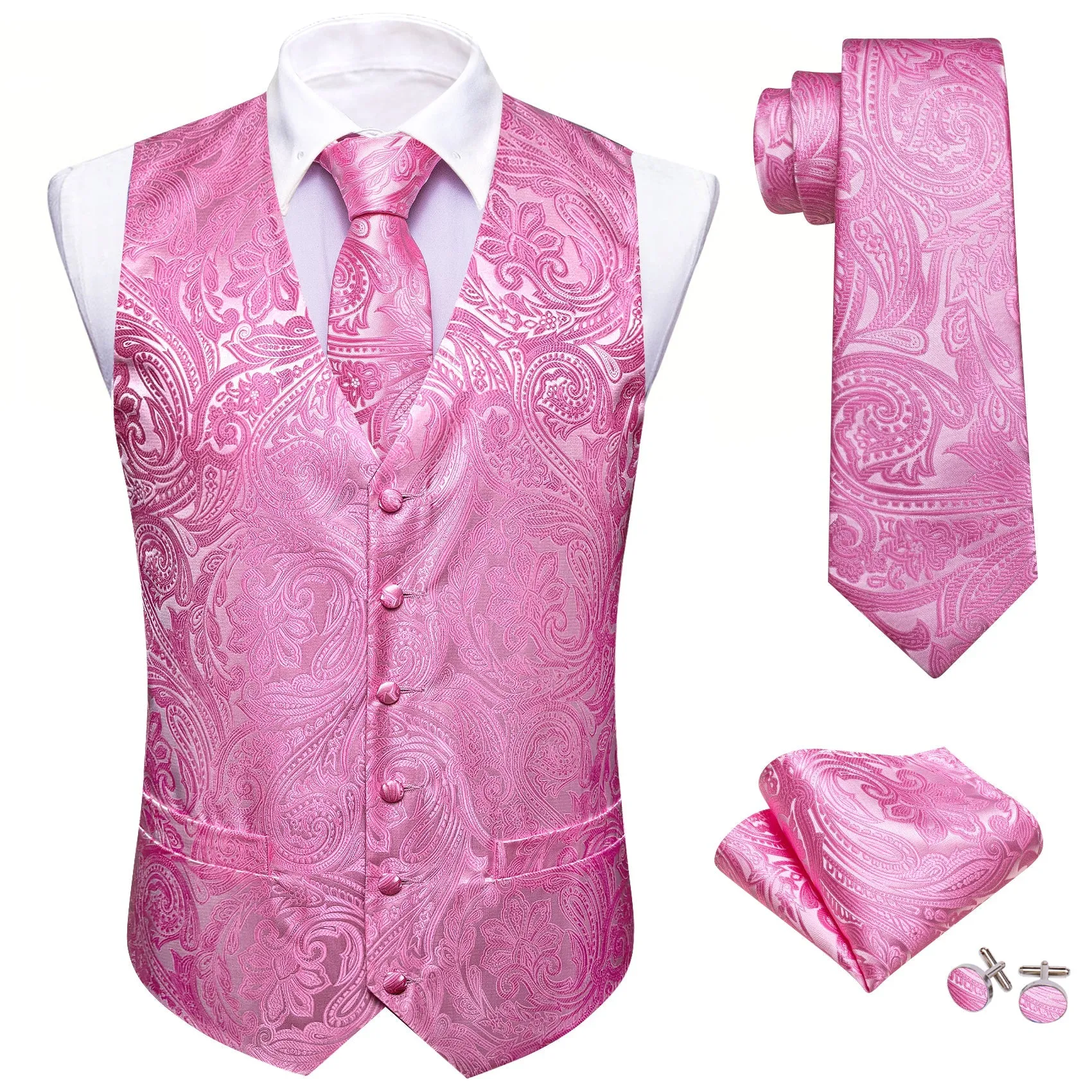 Hot Pink Paisley Silk Men's Vest Hanky Cufflinks Tie Set