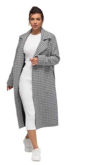 Houndstooth Wool Blend Belted Coat