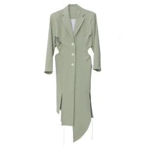 Irregular Split Windbreaker For Female Lapel Collar Long Sleeve High Waist Hollow Out Drawstring Trench Coats Women