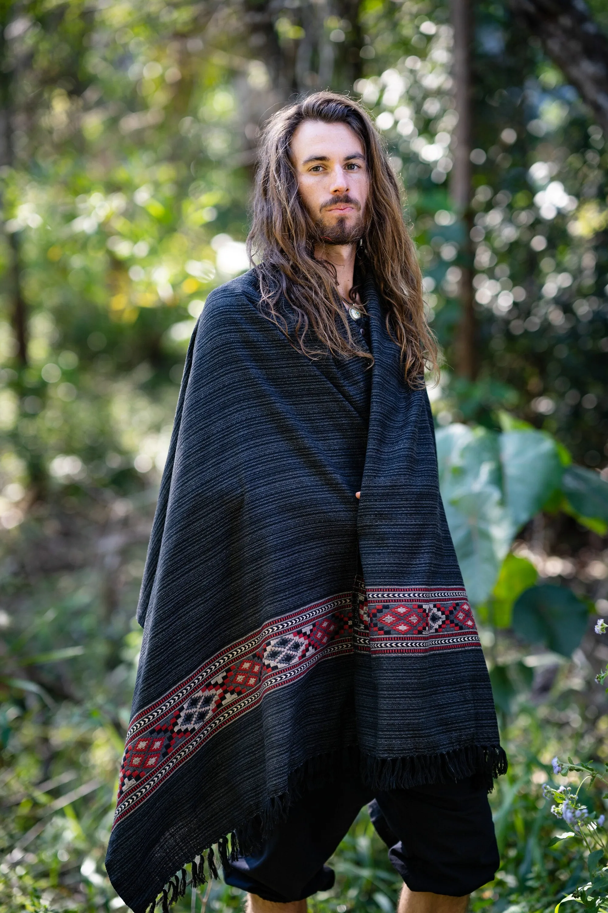 JHANA Meditation Prayer Shawl Blanket Cosy Grey Black Cashmere Yak Wool and Acrylic Wool Tibetan Tribal Celtic Embroidery Boho Zen AJJAYA