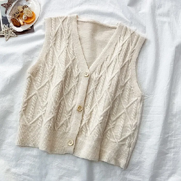 Joskaa New Knitted Vest Women Autumn Spring Retro Sleeveless V-neck Cardigan Long Shirt Loose Clothes Outside Wearing Blusas 16051