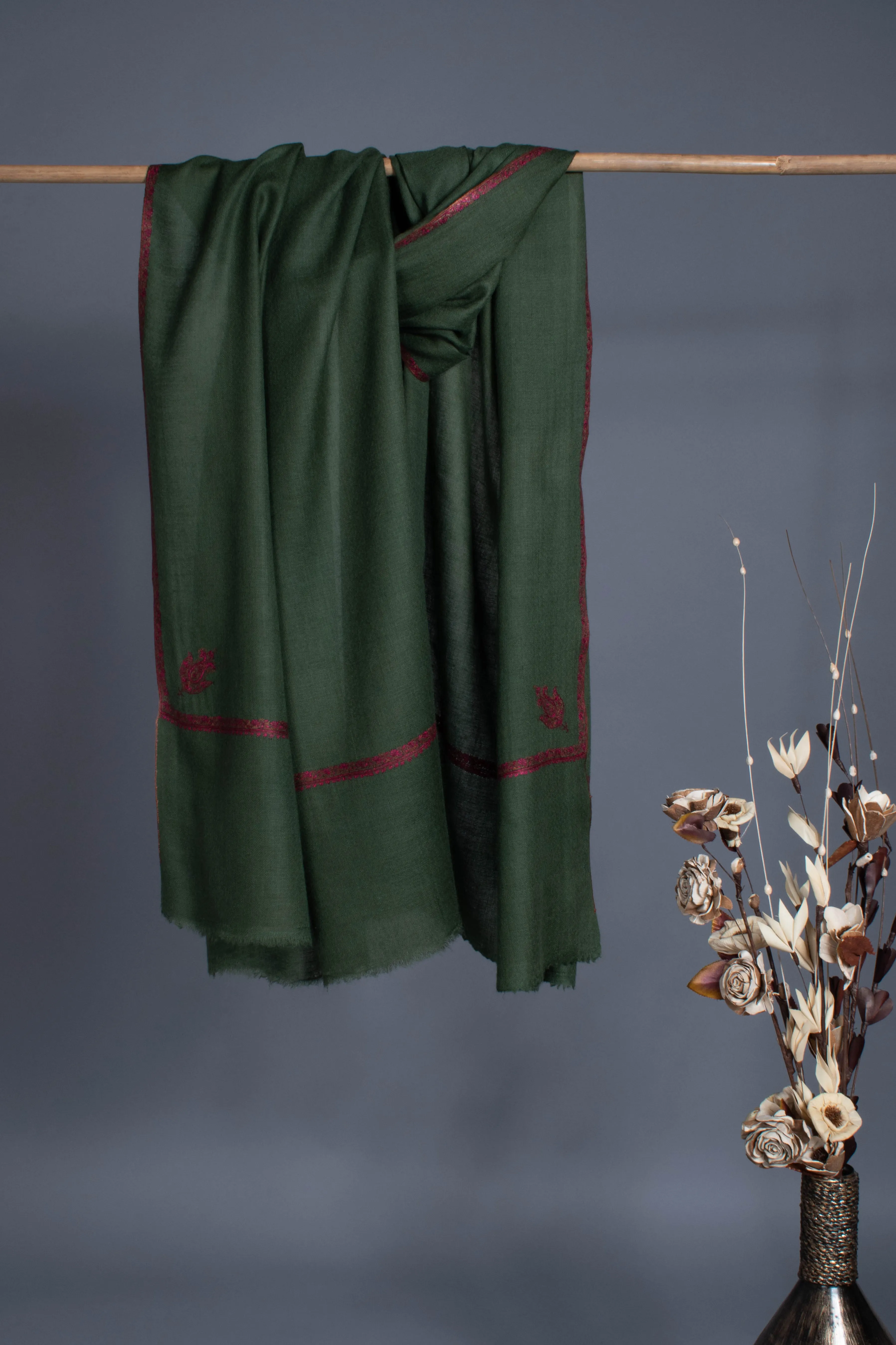 Kale Green Embroidered Travel Pashmina Shawl