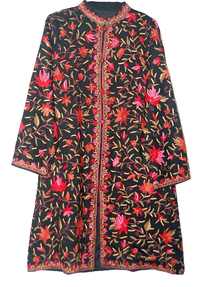 Kashmiri Woolen Coat Black, Multicolor Embroidery #AO-130