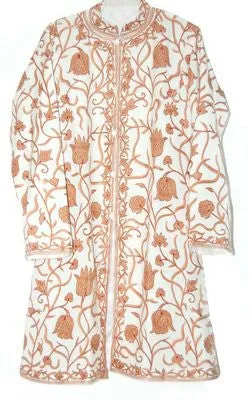 Kashmiri Woolen Coat Off-White, Rust Embroidery #AO-109