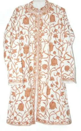 Kashmiri Woolen Coat Off-White, Rust Embroidery #AO-109