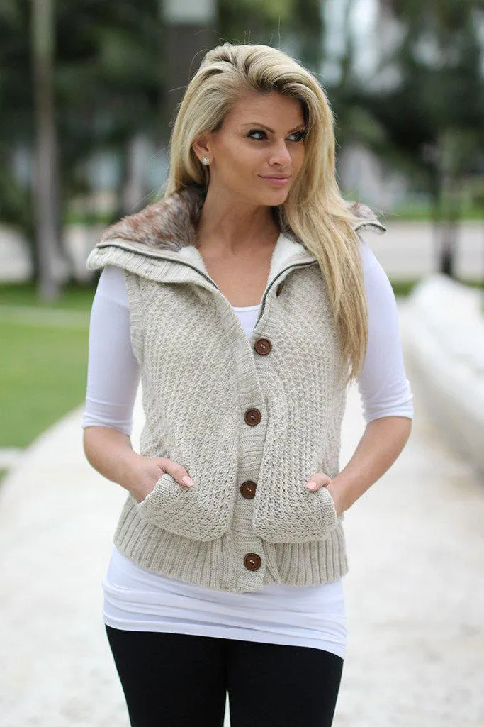 Khaki Fur Sweater Vest With Hood And Pockets