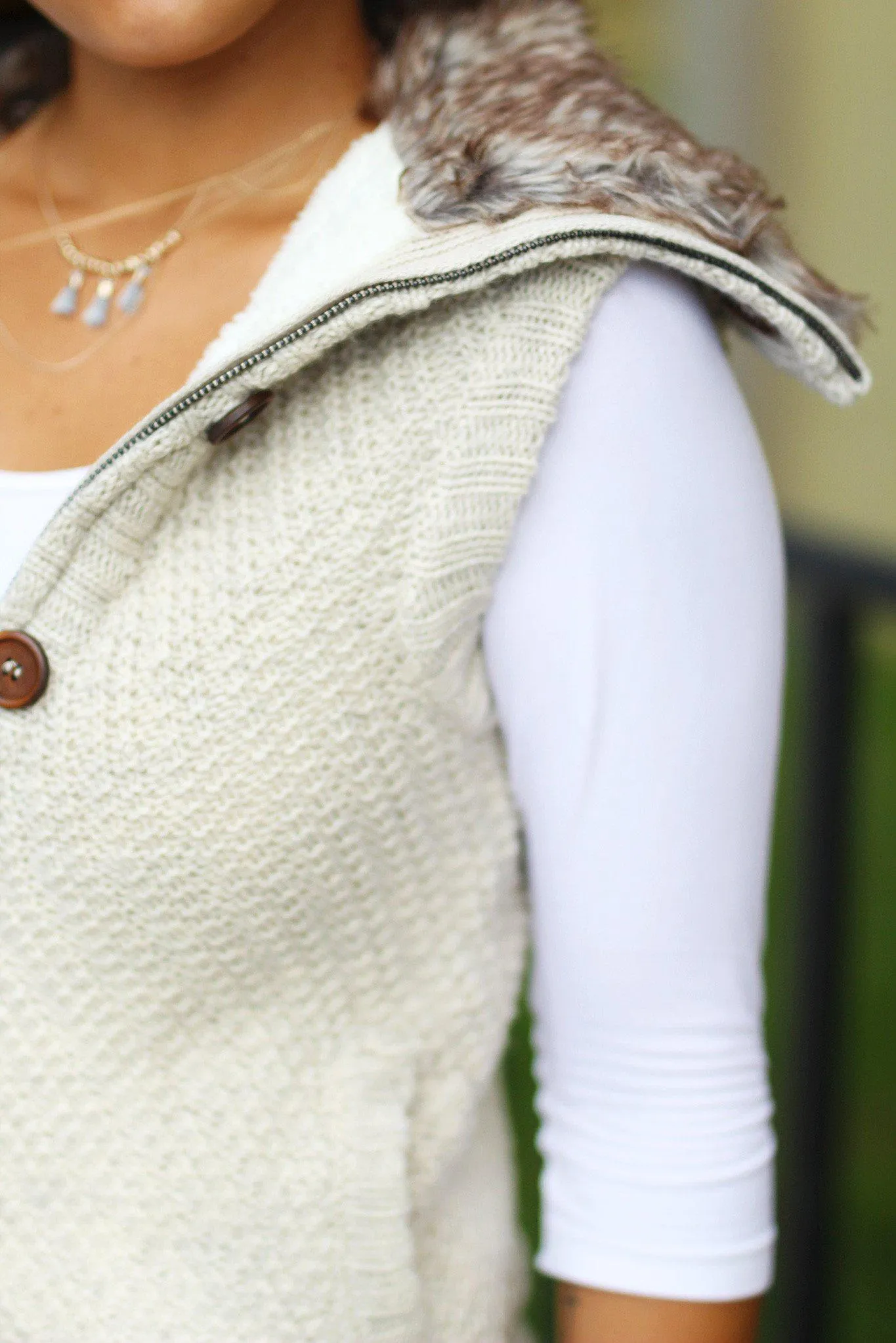 Khaki Sweater Vest With Fur