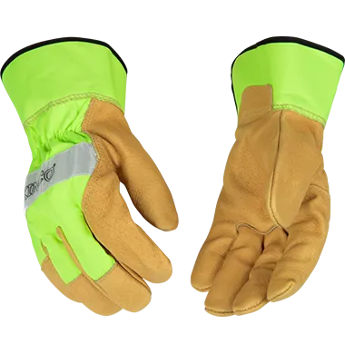 Kinco 1919 Hi-vis Nylon Fabric Back and Safety Cuff Grain Pigskin Palm Gloves (One Dozen)