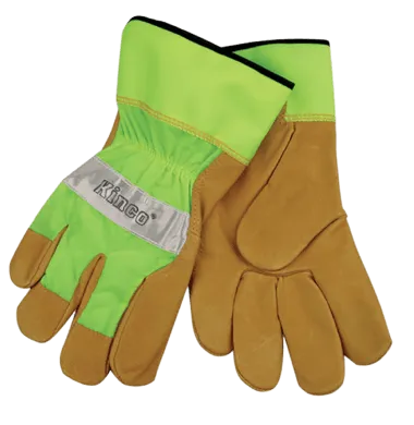 Kinco 1919 Hi-vis Nylon Fabric Back and Safety Cuff Grain Pigskin Palm Gloves (One Dozen)