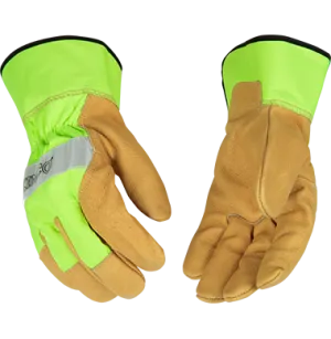 Kinco 1919 Hi-vis Nylon Fabric Back and Safety Cuff Grain Pigskin Palm Gloves (One Dozen)