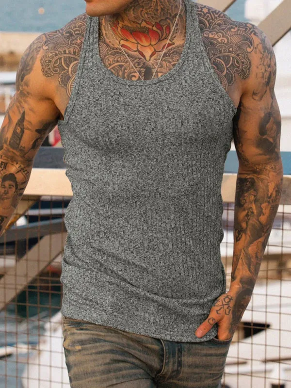 Knitted Vertical Stripes Fitness Sports Slim Vest Men's Racerback Vest