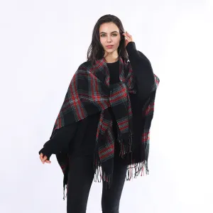 Ladies Scarf Autumn Winter Cashmere Plaid Tassel Slit Shawl Imitation Cashmere