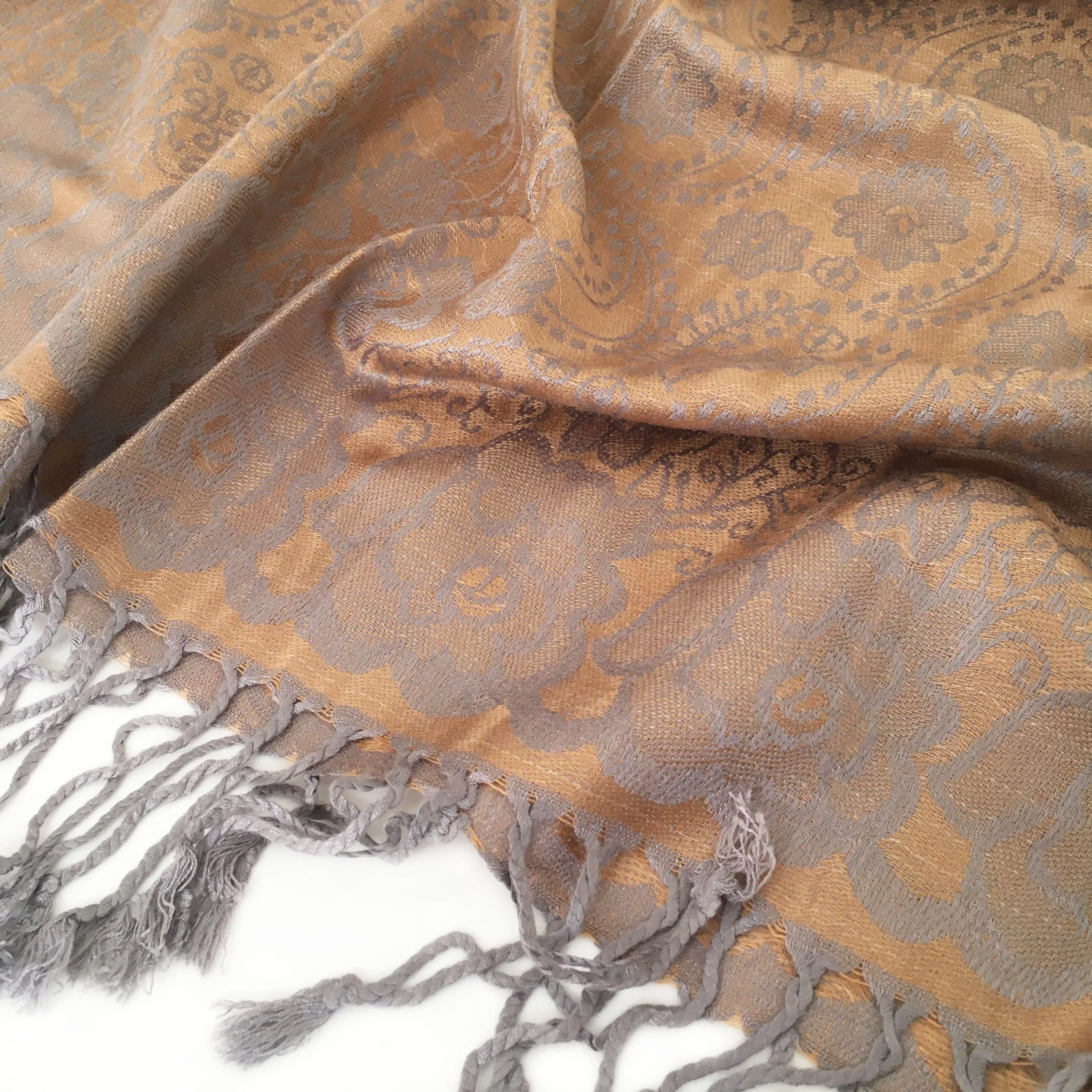 LARGE BRONZE GOLD SWIRL FLORAL PRINT REVERSIBLE PASHMINA SHAWL SCARF