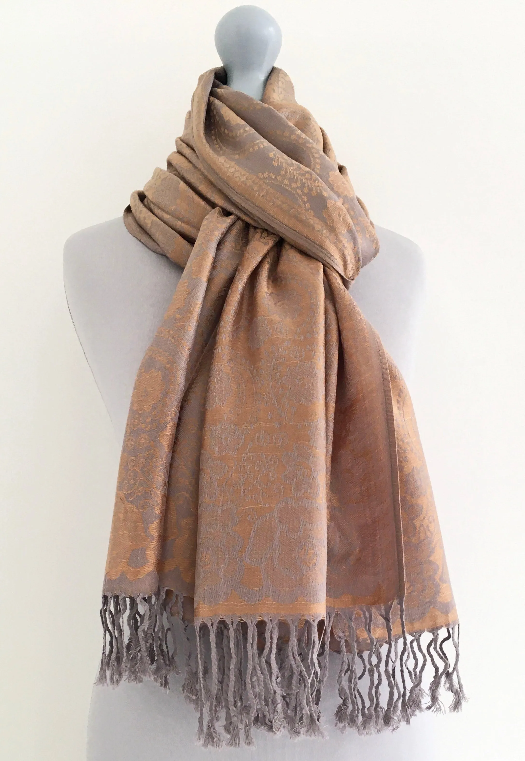 LARGE BRONZE GOLD SWIRL FLORAL PRINT REVERSIBLE PASHMINA SHAWL SCARF