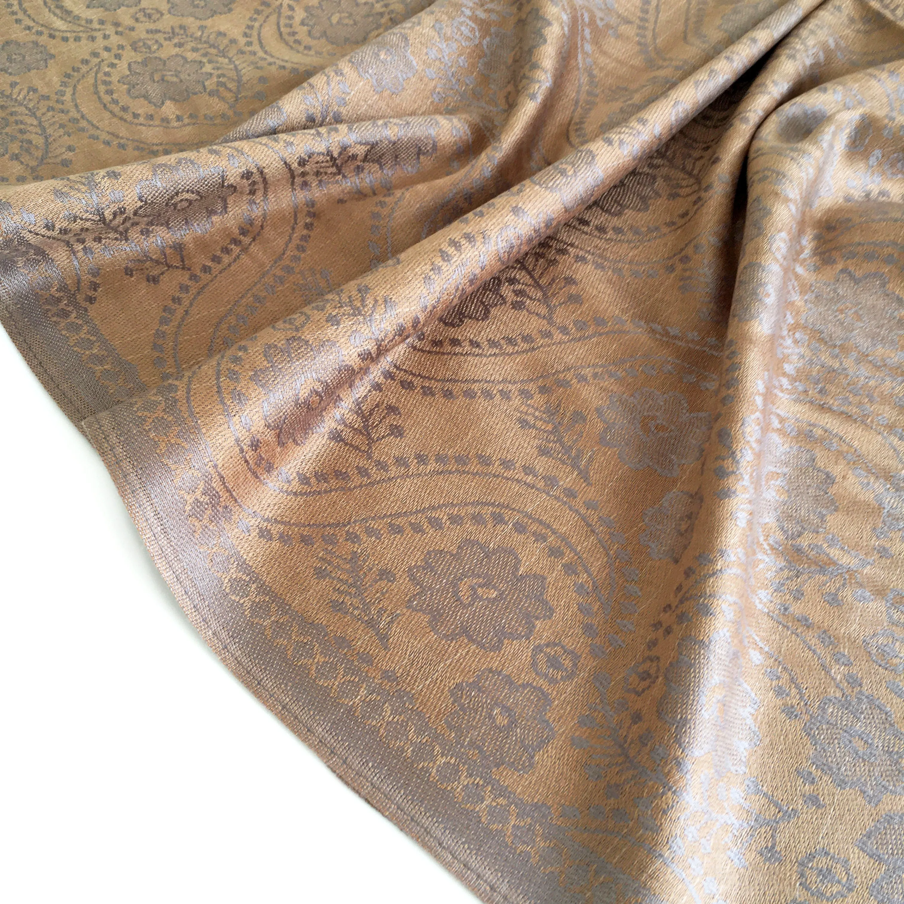 LARGE BRONZE GOLD SWIRL FLORAL PRINT REVERSIBLE PASHMINA SHAWL SCARF