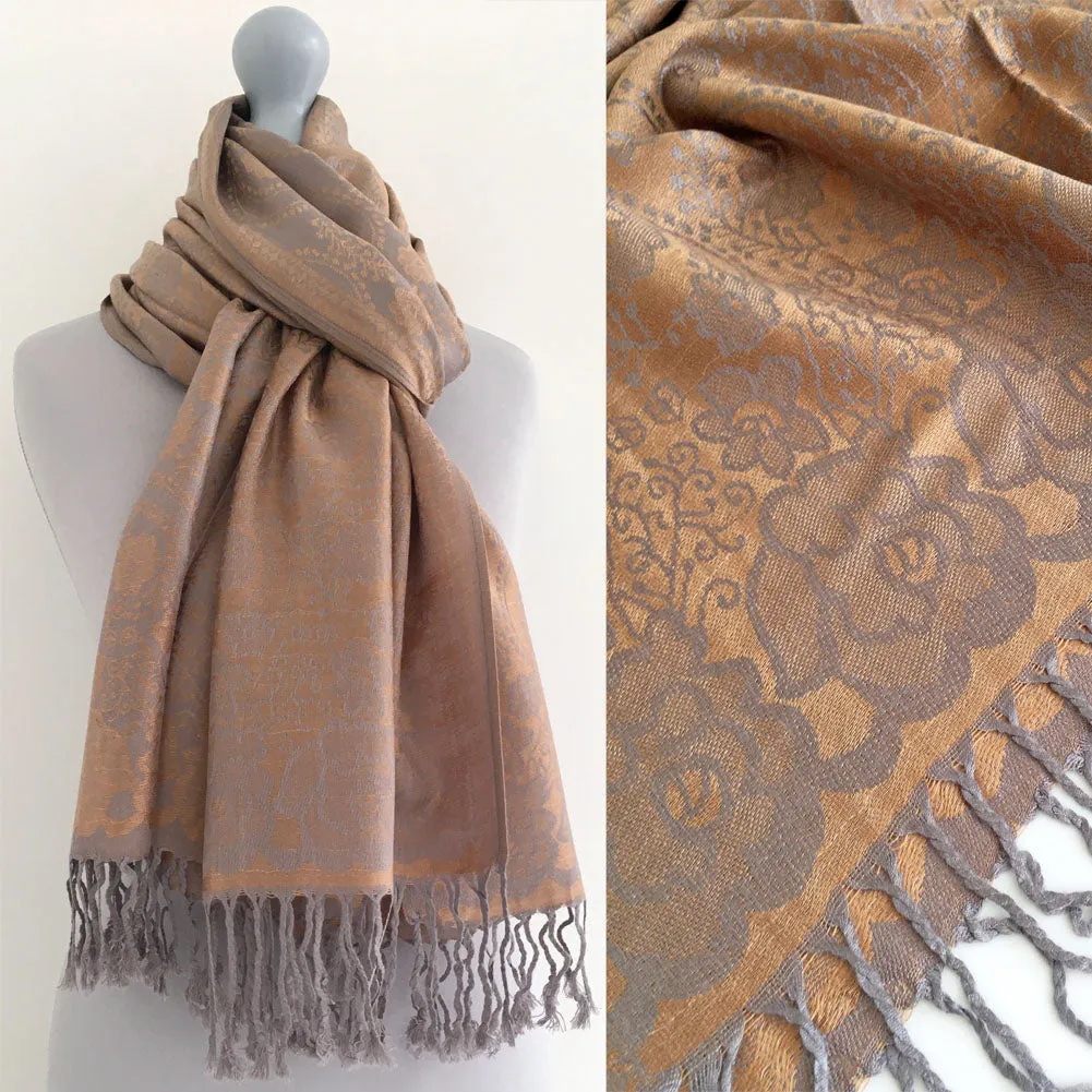 LARGE BRONZE GOLD SWIRL FLORAL PRINT REVERSIBLE PASHMINA SHAWL SCARF