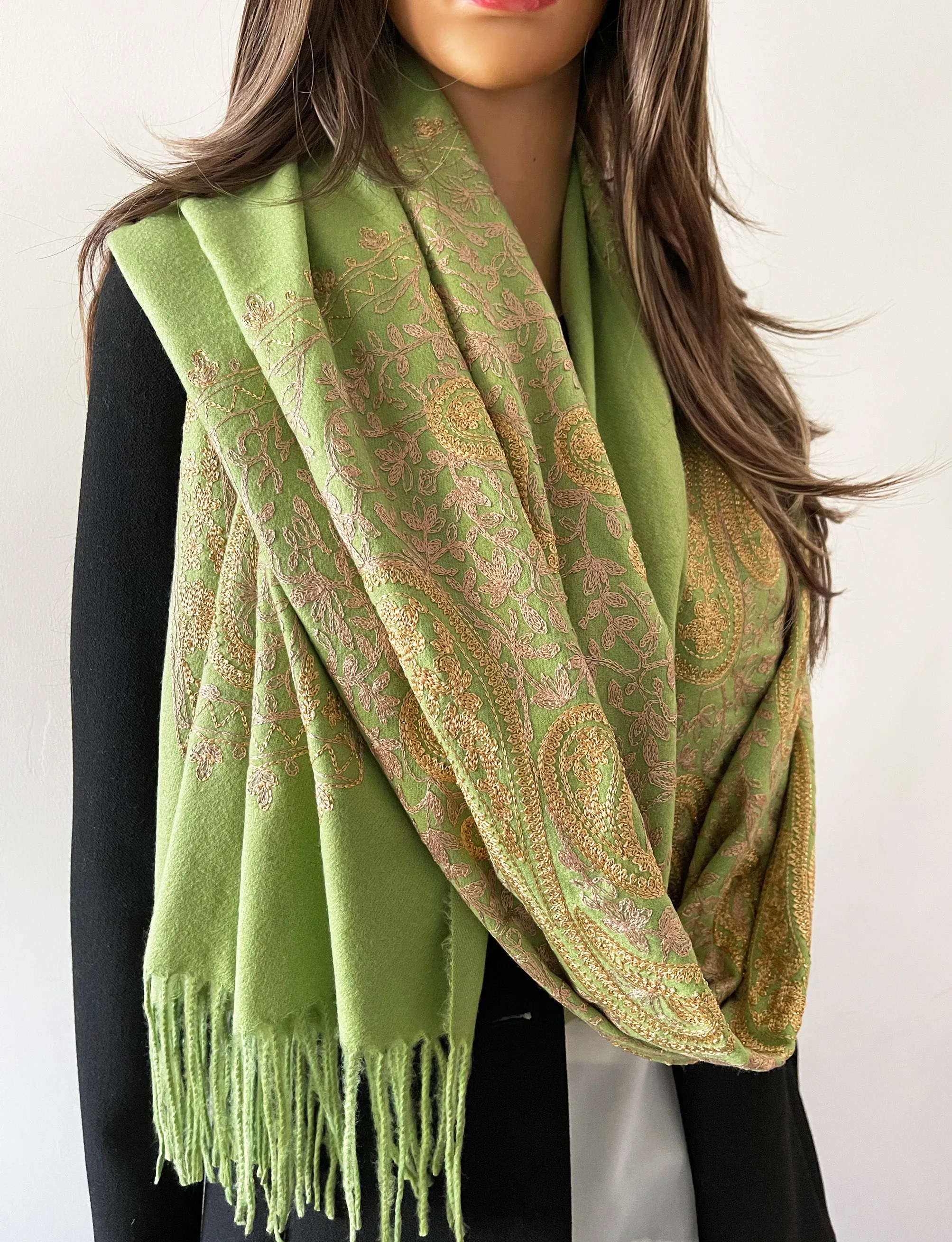 LARGE GREEN PAISLEY CASHMERE COTTON BLEND WINTER SHAWL BLANKET SCARF