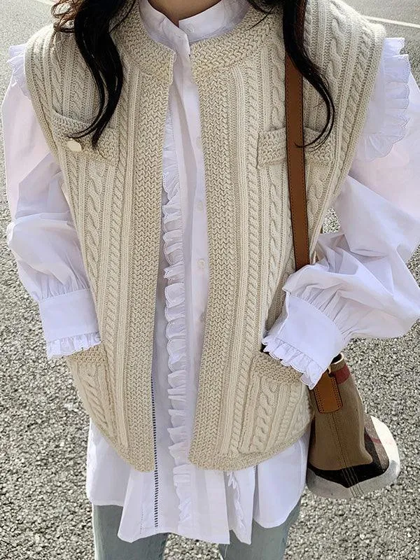 Large Lapel Lace Shirt&Linen Pattern Knitted Vest Coat