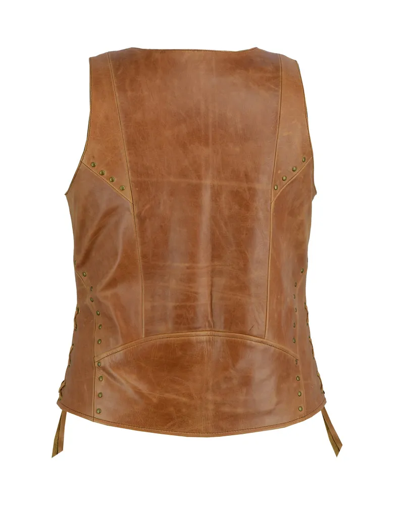 Leather Women's Brown Zippered SXY Vest with Lacing Details