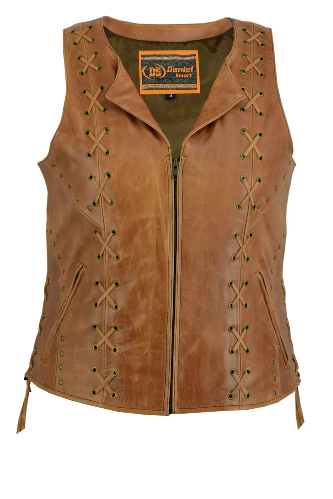 Leather Women's Brown Zippered SXY Vest with Lacing Details