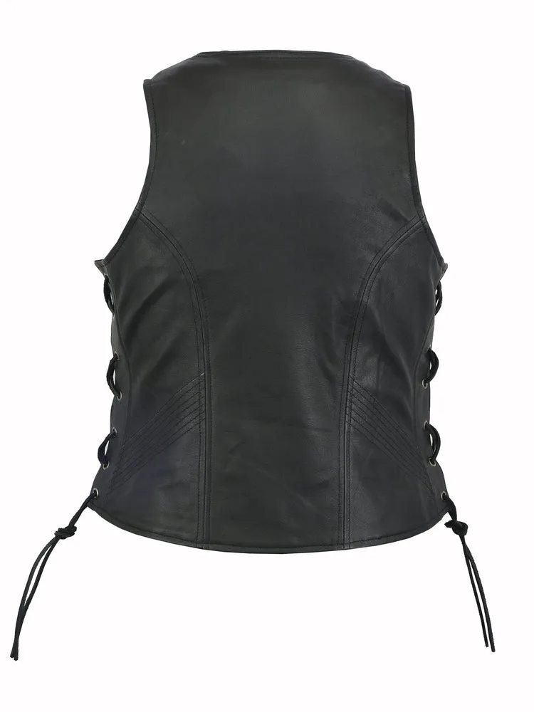 Leather Women's Stylish Scoop Neck Side Lace Zipper Front Vest