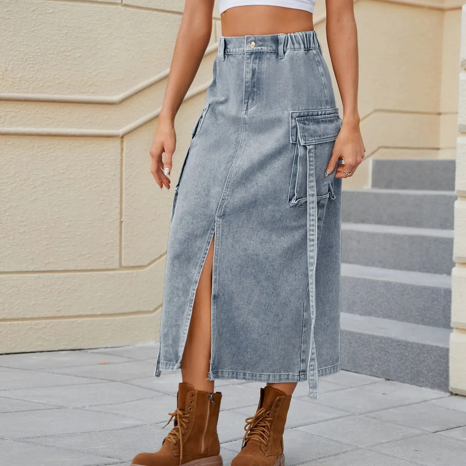 Light Blue Distressed Jeans Skirts Women Fashion Streetwear Long Denim Skirt Korean Style Jean Slit Midi 2024 Vintage Pants